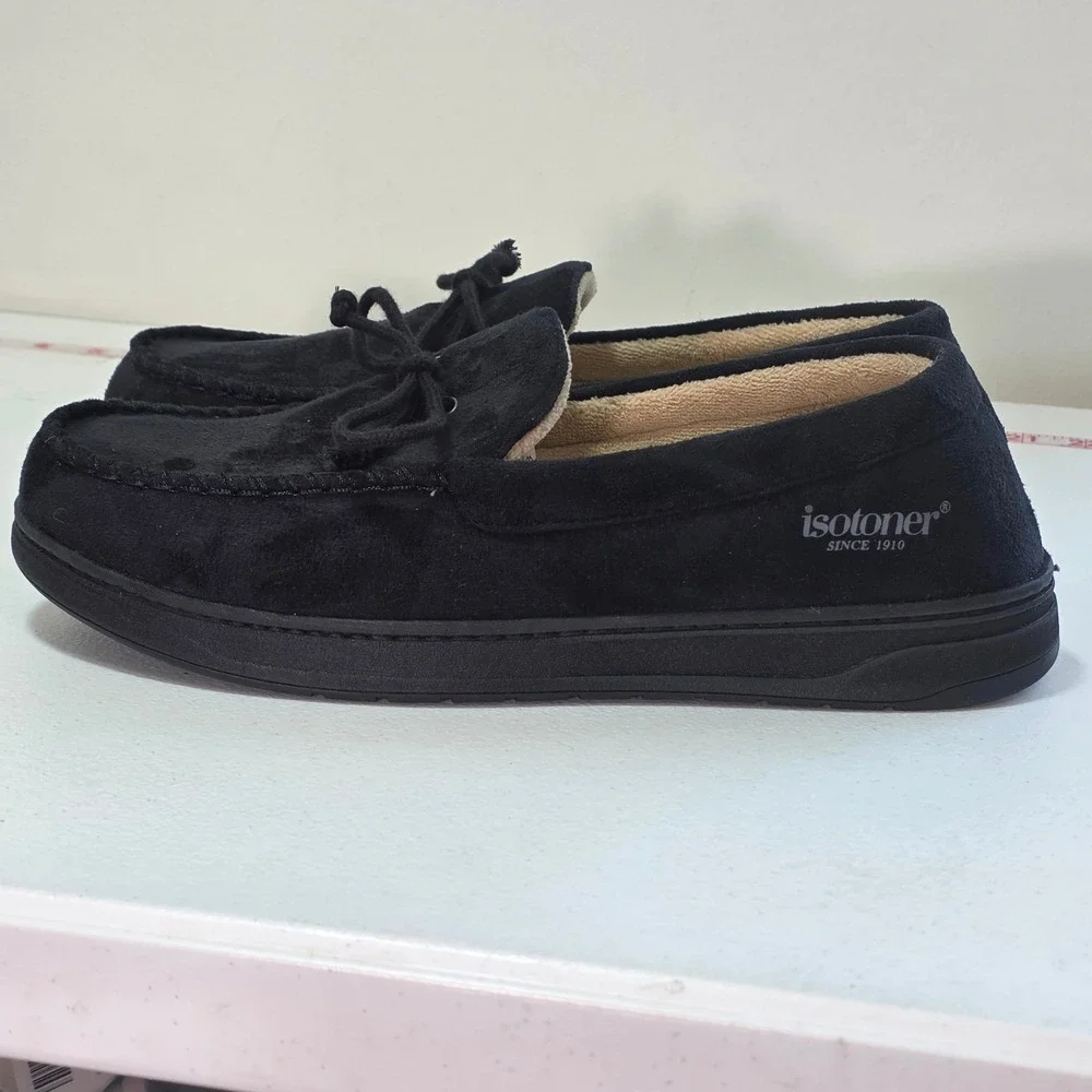 Isotoner Mens Microsuede Moccasin Slippers Black Faux Fur Lined 98024 Sz LG 10